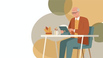 Elderly man using technology confidently Concept of remote work education and active senior lifestyle