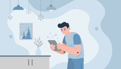 Sad man feeling digital stress reading overwhelming social media notifications on his tablet