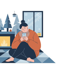 A sad woman sits alone by the fire using her phone during winter holidays illustrating loneliness