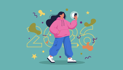 Trendy young woman uses phone for social media in front of 2026 graphic representing new year tech trends