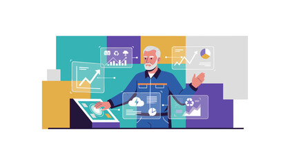Senior expert manages industrial data and sustainability metrics using a futuristic holographic interface