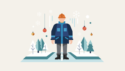 Worker in hard hat and winter coat standing in festive snowy landscape