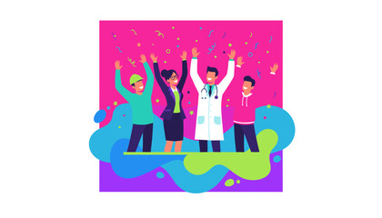 Happy professionals celebrating achievement and teamwork under vibrant confetti