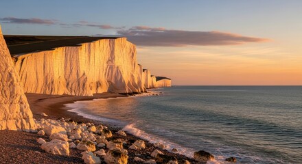 Golden hour illumination on majestic cliffs overlooking the expansive sea coastline