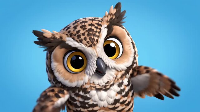 Adorable 2D animated fluffy owl character winks and playfully tilts its large head in a charming manner on an isolated color field illustration, clip art, cartoon