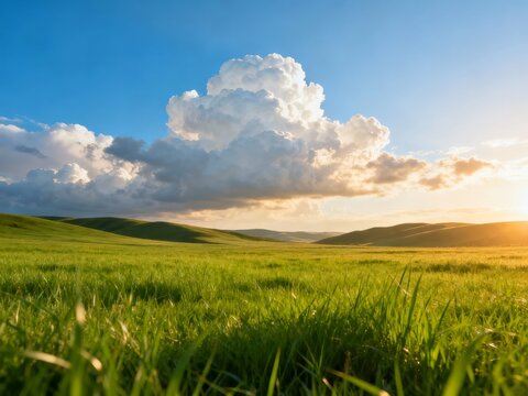Sunset over a vast green meadow with rolling hills and dramatic clouds in the sky