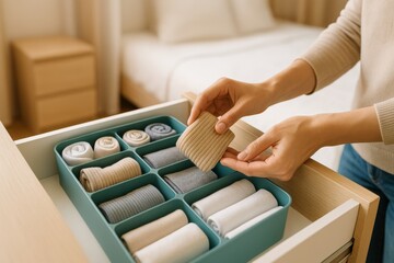 A woman organizing her socks in a neatly arranged drawer, showcasing a tidy and minimalist approach to home organization.