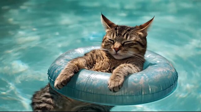 A relaxed cat floating on a pool ring in sparkling blue water.