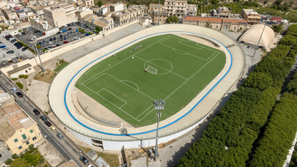 Aerial view of the Noto velodrome, in the province of Syracuse, Sicily, Italy. It is a football...