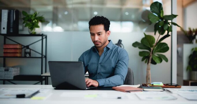 Man, laptop and typing report at startup, documents and project management at media company. Person, computer and review for web traffic, feedback and perspective with insight at creative agency