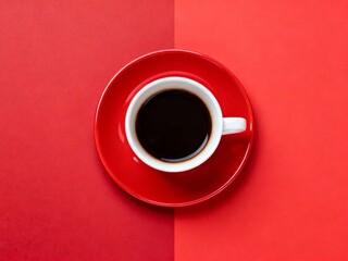 Top view of a white coffee cup with black coffee on a red saucer against a split red background