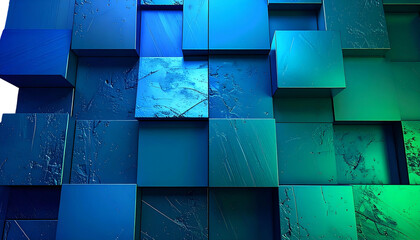 Abstract, textured cubes in varying shades of blue and green, 3D render
