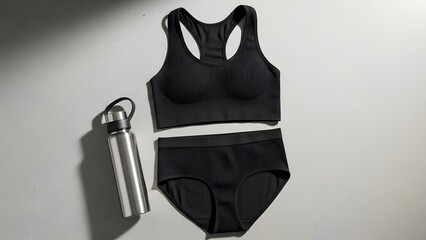 An athletic lingerie set, featuring a seamless ribbed sports bra and matching hipster briefs in matte black. Laid flat on a smooth grey concrete surface beside a modern water bottle.