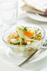 Vegetable salad with desalted cod and boiled egg