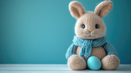Obraz premium Cute knitted toy rabbit on white wood table and pastel color wall background with copy space. Easter concept