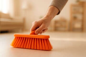 A close-up of a hand using an orange brush to clean wooden floors in a bright living room.