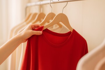 A hand reaches for a vibrant red t-shirt from a wooden hanger, highlighting the simplicity and elegance of casual fashion.