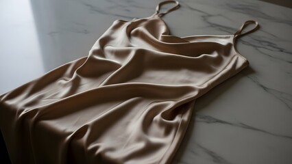 A champagne-colored silk satin bias-cut slip dress gently pooled on a marble countertop surface. Soft, luxurious lighting highlighting the sheen of the fabric.