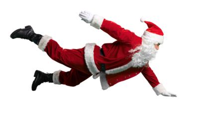 Santa Claus in a flying pose against a white background during the holiday season in a festive outfit