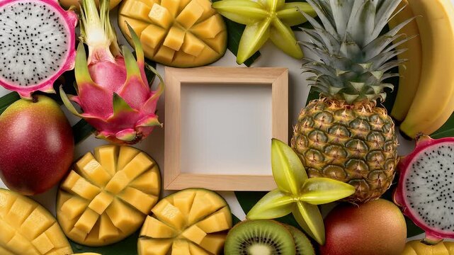 Vibrant Assortment of Tropical Fruits and Empty Wooden Frame for Text