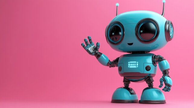 Cute robot waving with one hand in shades of light blue, isolated on a solid pink background, with copy space