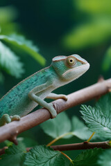 Obraz premium Green chameleon camouflaging on tree branch in nature