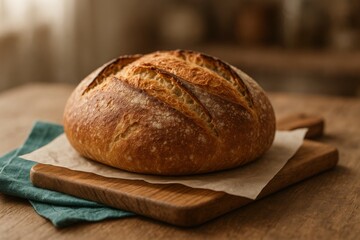 Artisan bread loaf on a wooden board, showcasing golden crust and rustic charm.