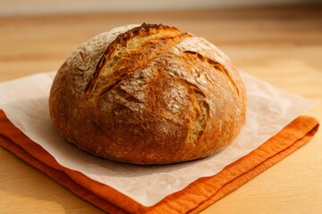 Freshly baked round artisan bread resting on a warm orange napkin, showcasing its crusty exterior and tempting golden hues.