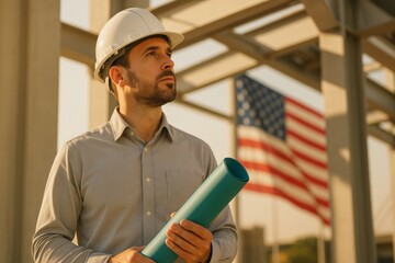 A thoughtful Hispanic male engineer in a hard hat evaluates blueprints, with an American flag in the background, symbolizing construction and progress.