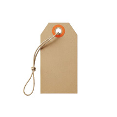 A blank brown kraft paper product tag with natural texture, rounded top, orange reinforcement sticker, and linen twine, isolated on a transparent background, top-down flat lay view, minimalist