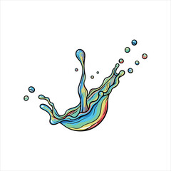 A dynamic illustration of a water splash rendered in vibrant, flowing colors (blue, teal, yellow, and red), with small water droplets breaking away