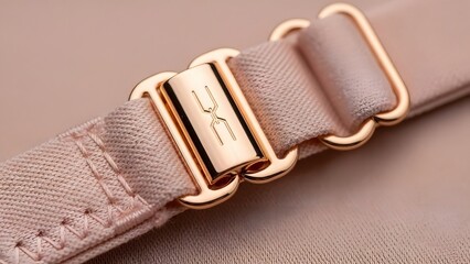 Close-up of a rose gold bra strap adjuster with a subtle logo on a nude fabric strap.