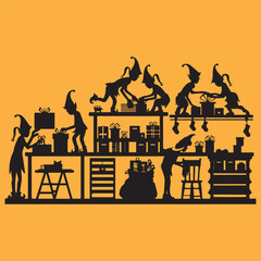 Black silhouette of elves preparing gifts in Santa&rsquo;s workshop
