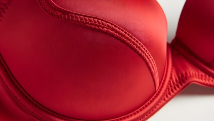 Close-up view of a vibrant red bra cup with detailed stitching and smooth fabric texture, highlighting intimate apparel design.
