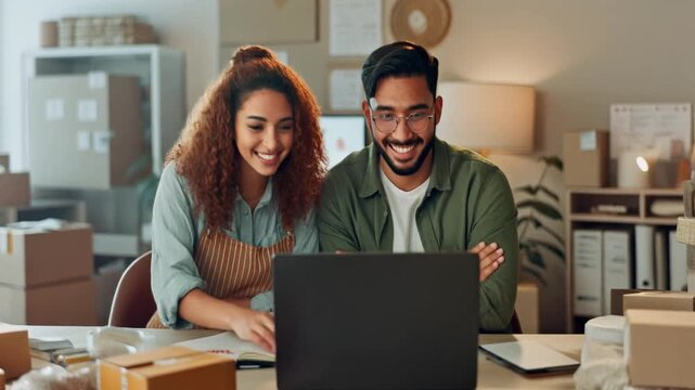 Successful online shop partners working together in a bright workspace, showcasing teamwork, e-commerce growth, digital collaboration, and modern small business success.