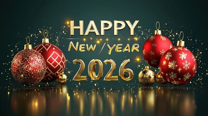 3d text "happy new year" with golden numbers for the year 2026 and red christmas ornaments on a dark green background, shiny gold glitter effect around the elements, greeting card or poster