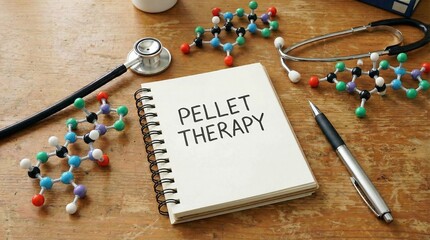 pellet therapy notebook with molecular structure models and stethoscope for hormone replacement bioidentical hormones subcutaneous implant treatment and endocrinology medical education