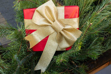 Red gift box with large golden ribbon placed on green fir branches. Close-up of holiday decoration.
