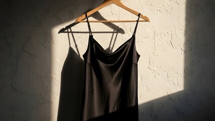 A black slip dress hangs on a wooden hanger against a textured wall with strong sunlight and shadows.