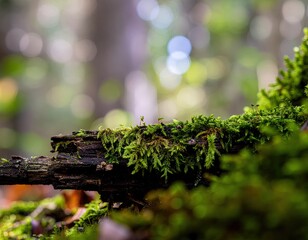 Close Up Of A Moss Covered Log In A Forest With Soft Bokeh Background During Daylight