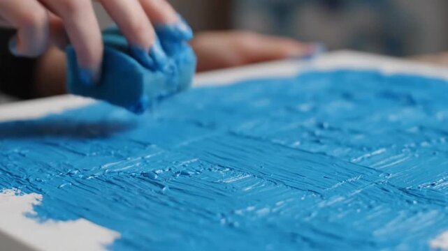 Artist's hand applying vibrant blue paint with a sponge on a white canvas