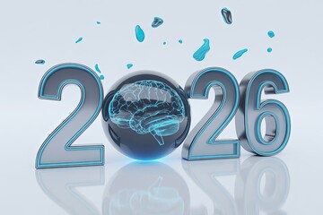 Glowing brain within sphere replaces zero in 2026 numbers, symbolizes future AI, on white for promotions.
