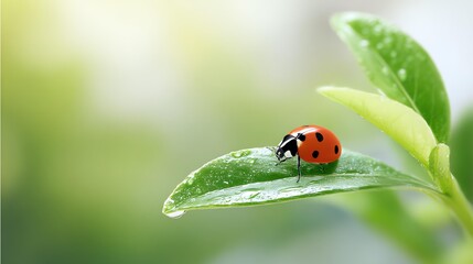 Fototapeta premium Ladybug on Leaf: A vibrant ladybug with its signature red shell and black spots rests gracefully on a fresh green leaf, glistening with morning dew. The sunlight gently illuminates the scene.