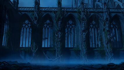 Gothic architectural ruin illuminated at nigh