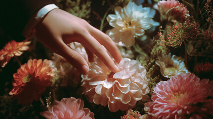 Close-Up of Hand Touching Flowers