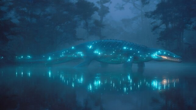 Conceptual Bioluminescent Swamp Creature in a Mystical Foggy Forest with Vibrant Glow