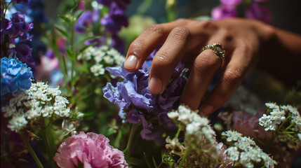 Close-Up of Hand Touching Flowers
