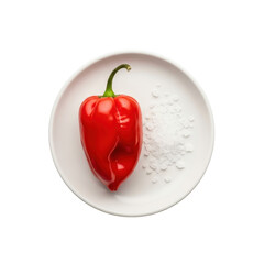 Red habanero pepper, sea salt flakes on a white plate, isolated on gray background, 45-degree overhead close-up, commercial product photography concept of pristine purity.