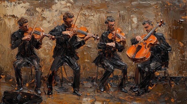 An oil painting depicting a string quartet passionately performing in a dimly lit setting