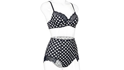 Black and white polka dot lingerie set with lace details on a mannequin.
